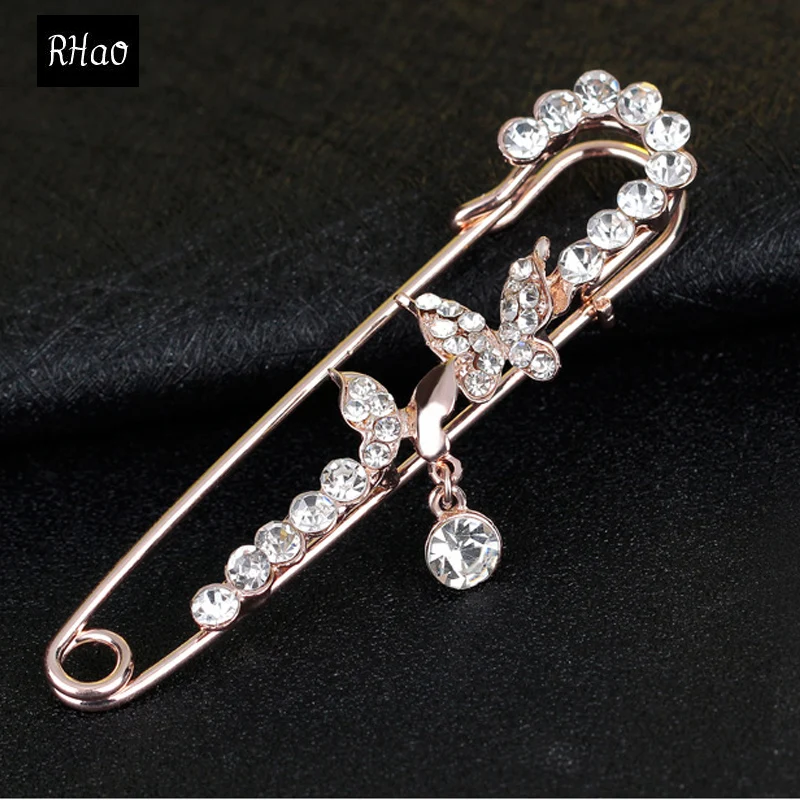 

New RHao Hijab pins Women Rose Safety pins Brooches wedding jewelry wholesale Crystal Butterfly brooches for women