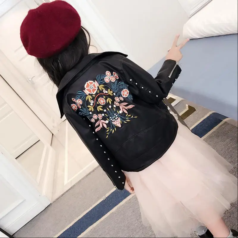 

Spring Fashion Moto Children's PU Leather Jacket Baby Girl Clothes Rivet Embroidery Kids Coat Long Sleeve Leather Outerwear Y493