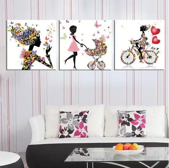 

CH 3 Panels Oil Panting On Canvas Dancing Girl Bicycle Abstract Oil Painting unframed Wall Art Home Decor for Loving Room