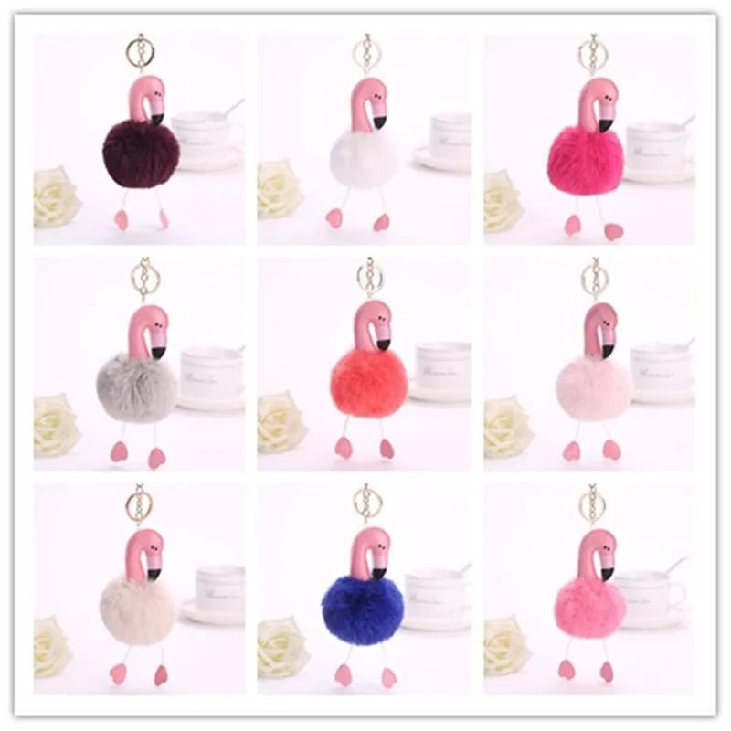 

15 Colors Flamingo Fluffy Fur Pom Pom Keychains Soft Faux Rex Rabbit Fur Ball Key chain Ring For Women Bag Pendant Jewelry