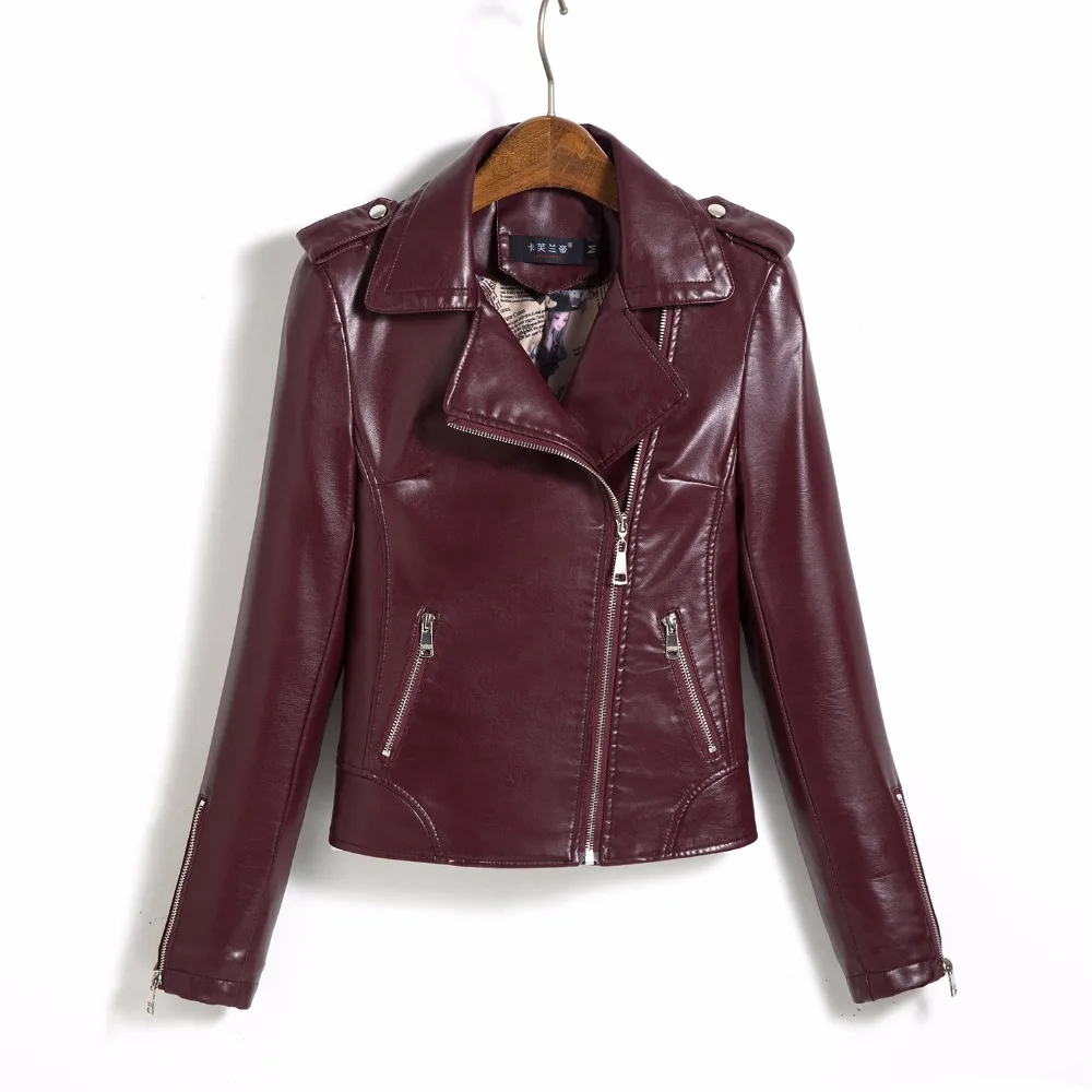 2017 New faux leather coat motorcycle zipper wine red leather jacket