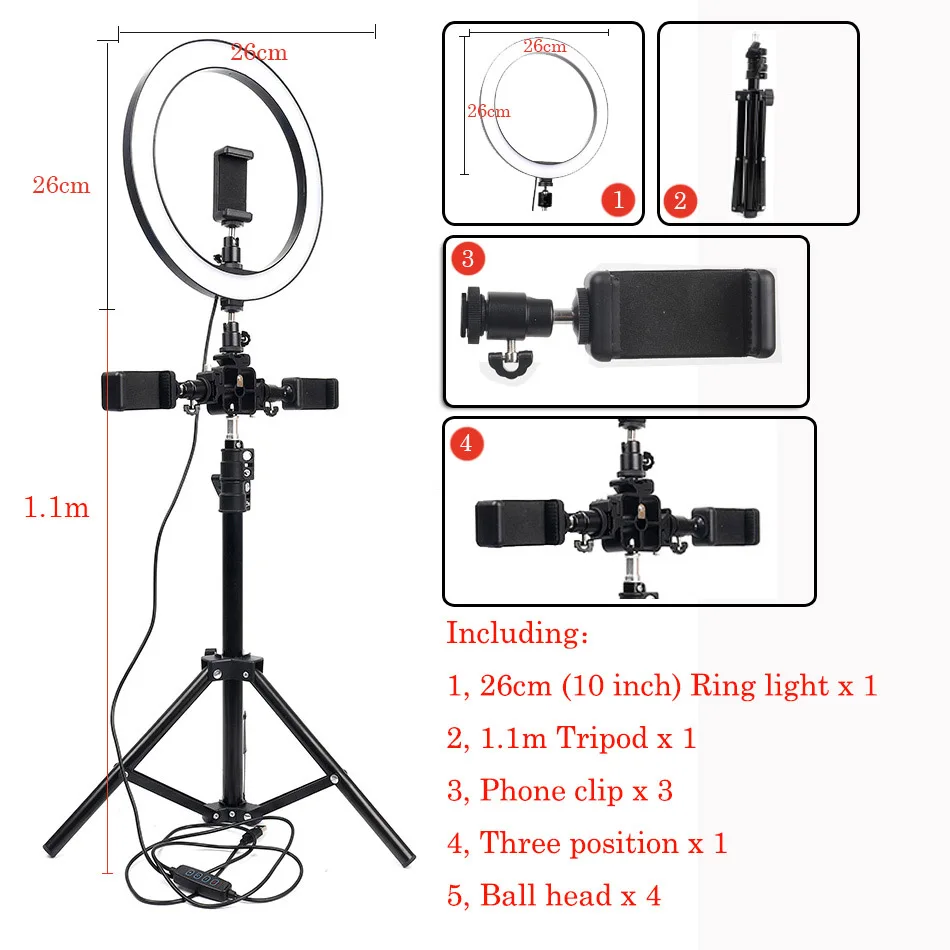 Черный Photo Studio lighting Selfie LED Ring Light 5500K Camera Phone Video Makeup Photography Dimmable Ring Lamp With 110/160cm Tripod - Цвет: Черный
