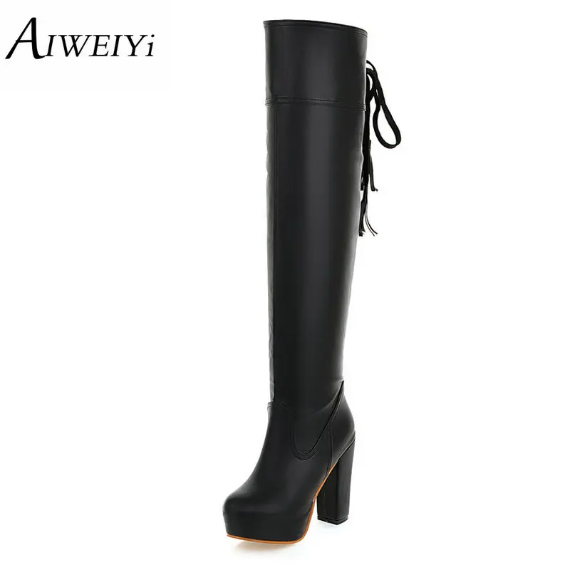 

AIWEIYi Knee High Lace up Boots 2017 New Winter Women ShoeS High Heels Over the Knee Boots sapatos de salto feminino
