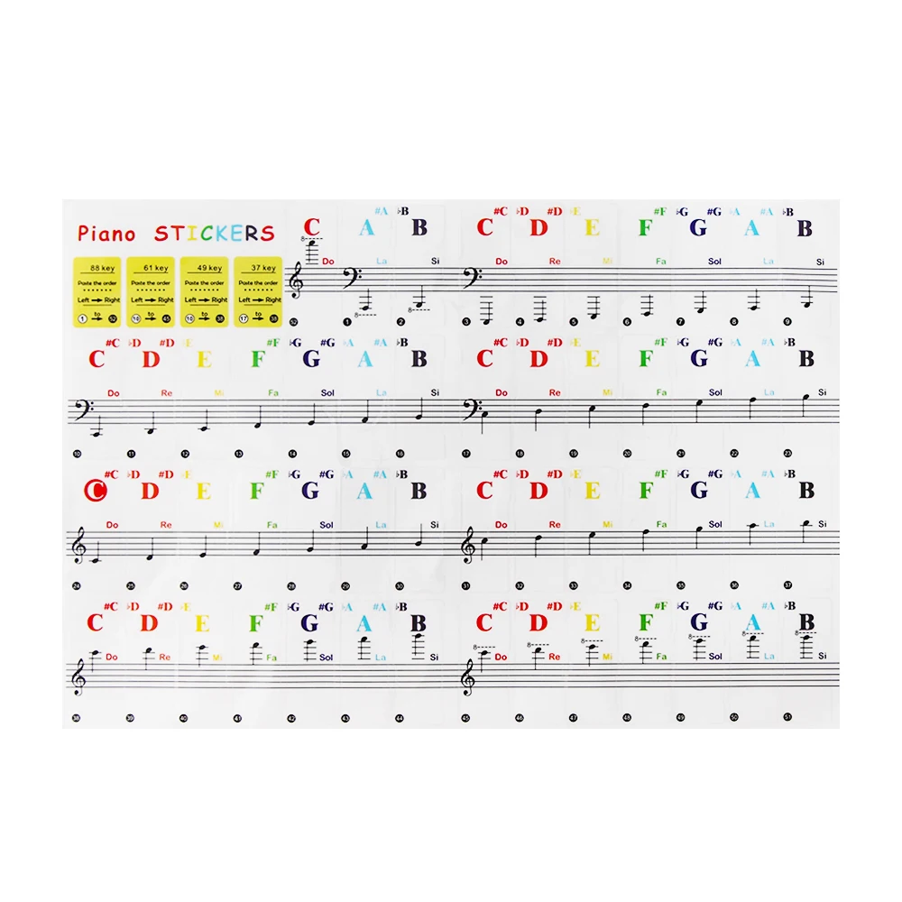 

88/61/54/49 Key Electronic Keyboard Key Piano Stave Note Sticker Pro Transparent Piano Keyboard Sticker for White Keys