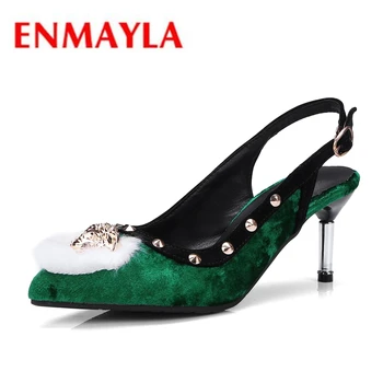 

ENMAYLA New Fashion High Heels Sandals Women Sexy Slingbacks Peep Toes Sexy Shoes women Summer Thin heels Faux Fur Rivets CR127