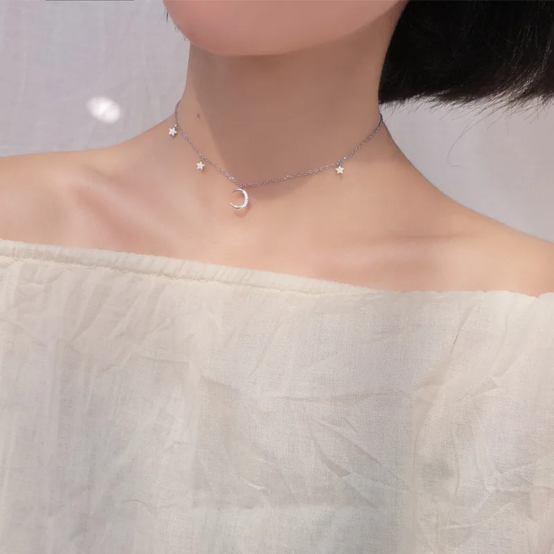 

Japanese Korean Ornaments Adjust Romantic Star Moon Pendant S925 Silver Necklace Clavicular Chain Neck Female