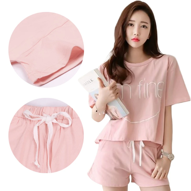 

2019 Newest Summer Woman Short Sleeve Casual Pajama Set Round Neck Solid Lovely Girl Home Sleepwear Loose Tops Elastic Waist