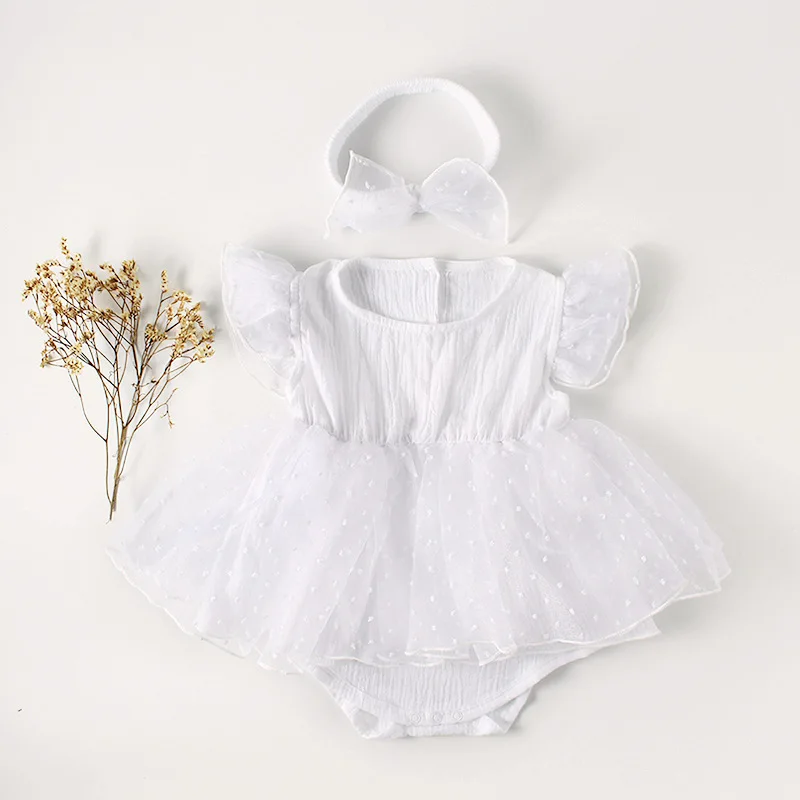 

Ins Summer Newborn Baby Girls Romper Dress+headband White Princess 100 Day Dress Gauze Cute Overall Jumpsuit