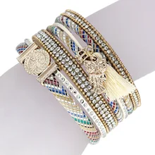 Women Bracelets Multilayer Velvet Inlay Rhinestone Colorful Bangle Bracelet with Tassel Owl Pendant