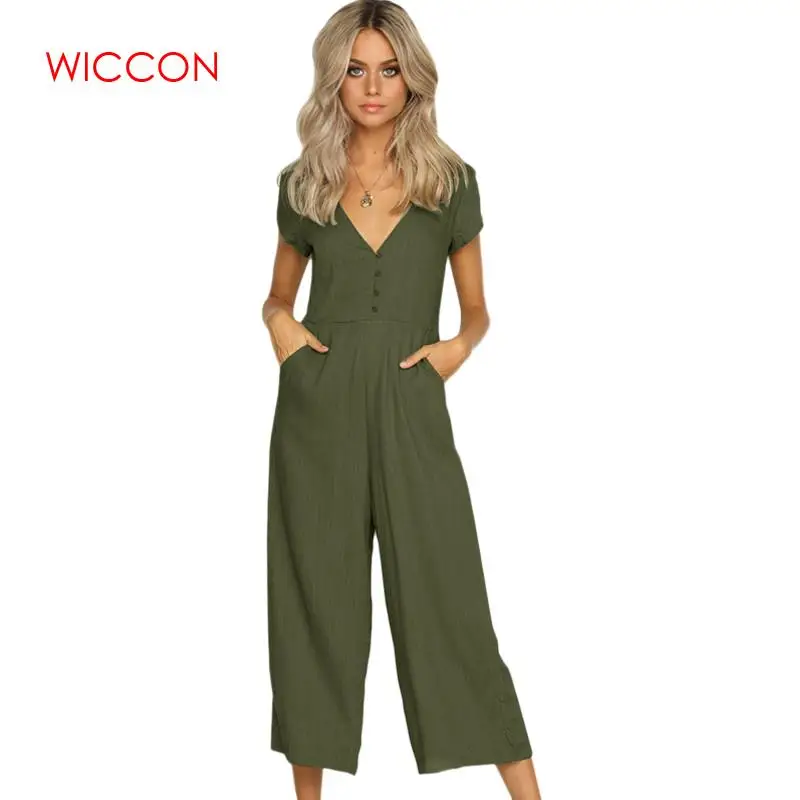 

2019 Summer Women's Rompers V-Neck Short Sleeve Solid Holiday Long Playsuits Trouser Jumpsuit Female Casual Button Jumpsuit