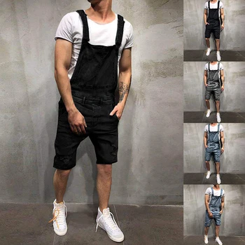 

2019 Summer Fashion Men's Ripped Jeans Jumpsuits Shorts Hi Street Style Distressed Denim Bib Overalls Mens Casual Suspender Pant