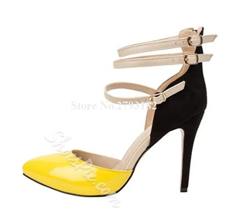 Для женщин очаровательные модные туфли с острым носком на шпильках каблук лодочки с ремешком вокруг лодыжки желтые высокие каблуки