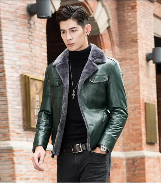 

2018 New Men's Genuine Leather Winter Jacket Sheep Leather Coat Warm Wool lining Men fur coat