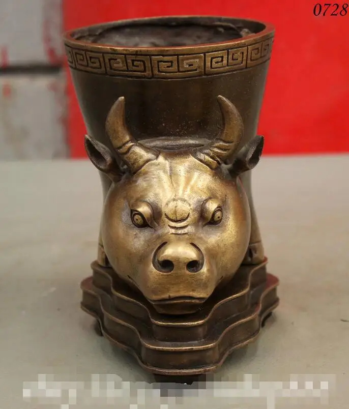 Chinese Collect Palace FengShui Pure Bronze Ox Bull Head Zun Vase Pot