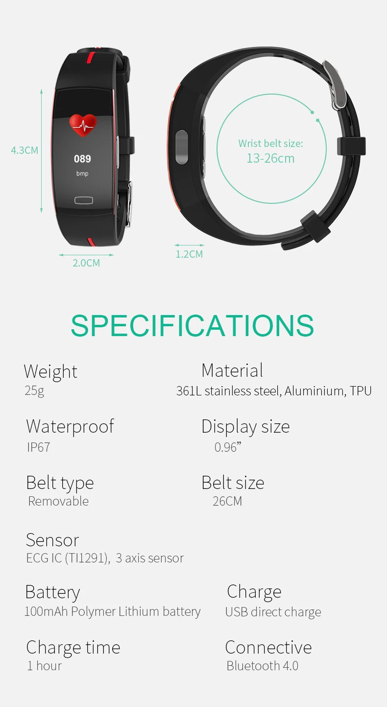 ECG + PPG водонепроницаемые Смарт-часы, кровяное давление, пульсометр, браслет для здоровья, погода, показ калорий, смарт-браслет PK mi band4
