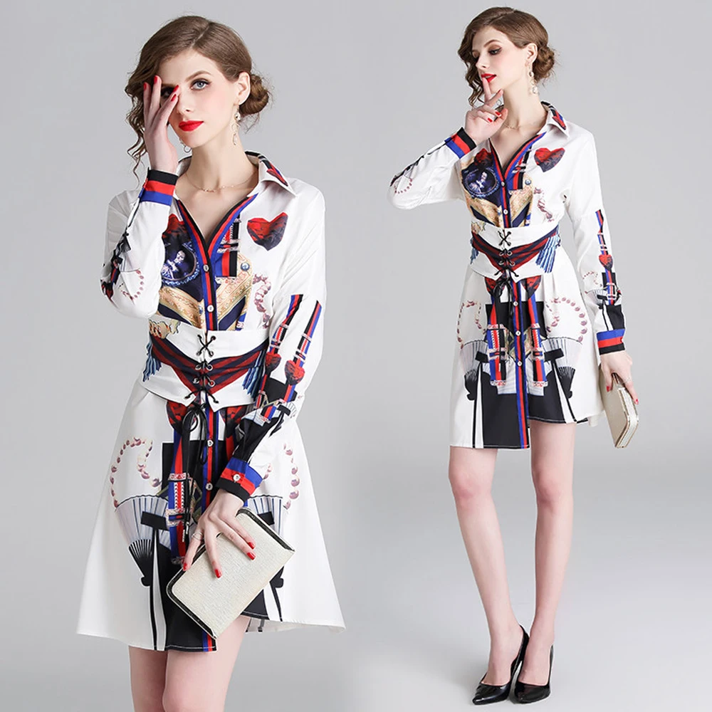 

New women dress 2019 fashion casual retro Polo collar single-breasted girdle positioning printing long-sleeved shirt dress