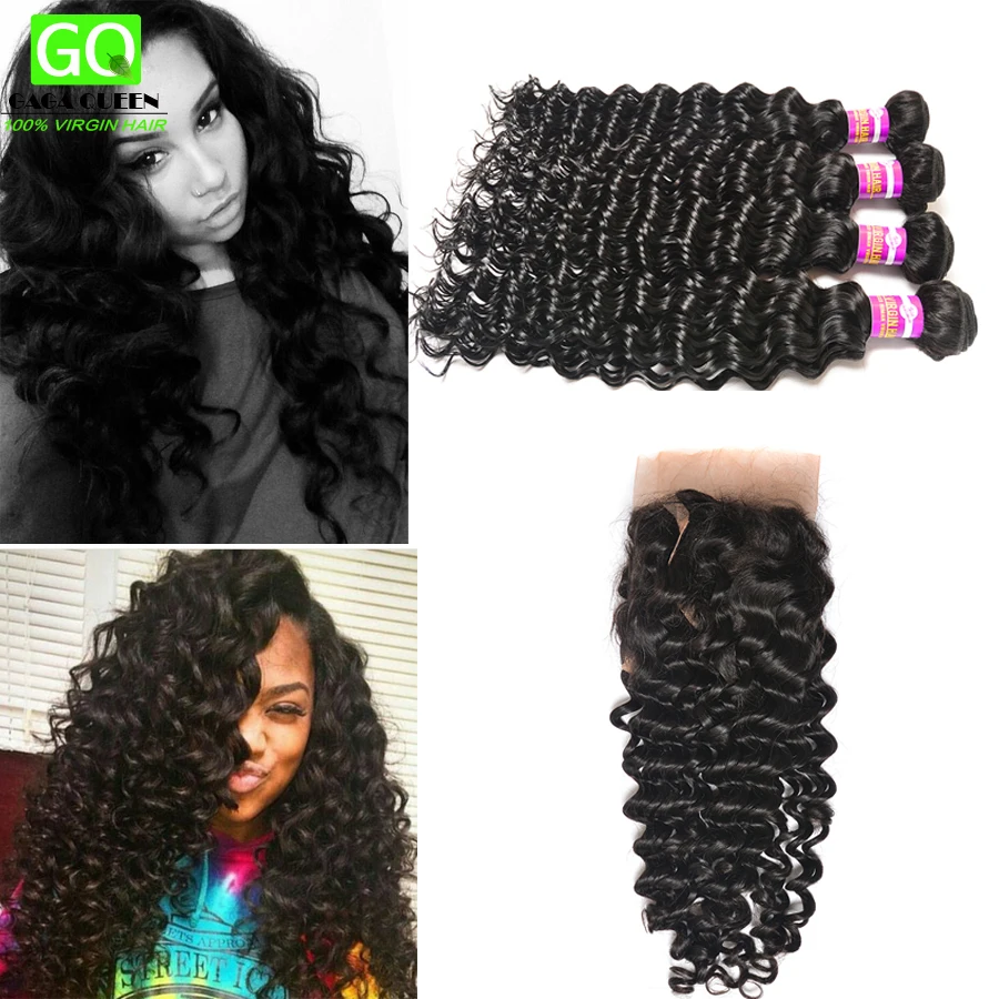 

Indian Virgin Deep Curly 4 Bundles With 13*4 Ear To Ear Lace Frontal Closure 8A Deep Wave Human Hair Bundles Indian  Virgin Hair