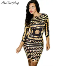 New Fashion Chain Print Dress Women 2016 Three Quarter Sleeve O-Neck Sheath Dress Spandex High Quality Casual Dresses for Woman