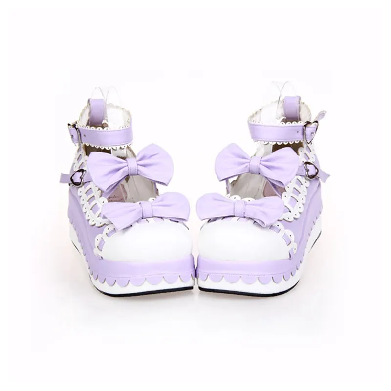 Милые туфли принцессы на танкетке с бантиком для девочек; обувь в стиле Лолиты; зимняя обувь на платформе; Доступно много цветов и размеров - Цвет: PU Purple