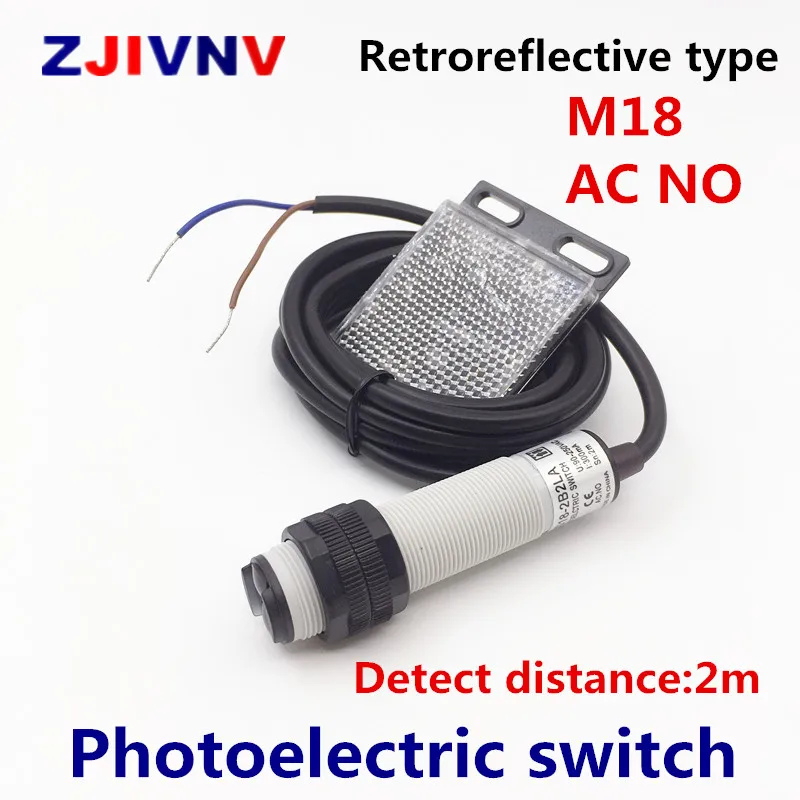 

M18 Retroreflective type photoelectric switch AC NO 2 wires open Infrared photocell sensor with mirror reflector distance 2m