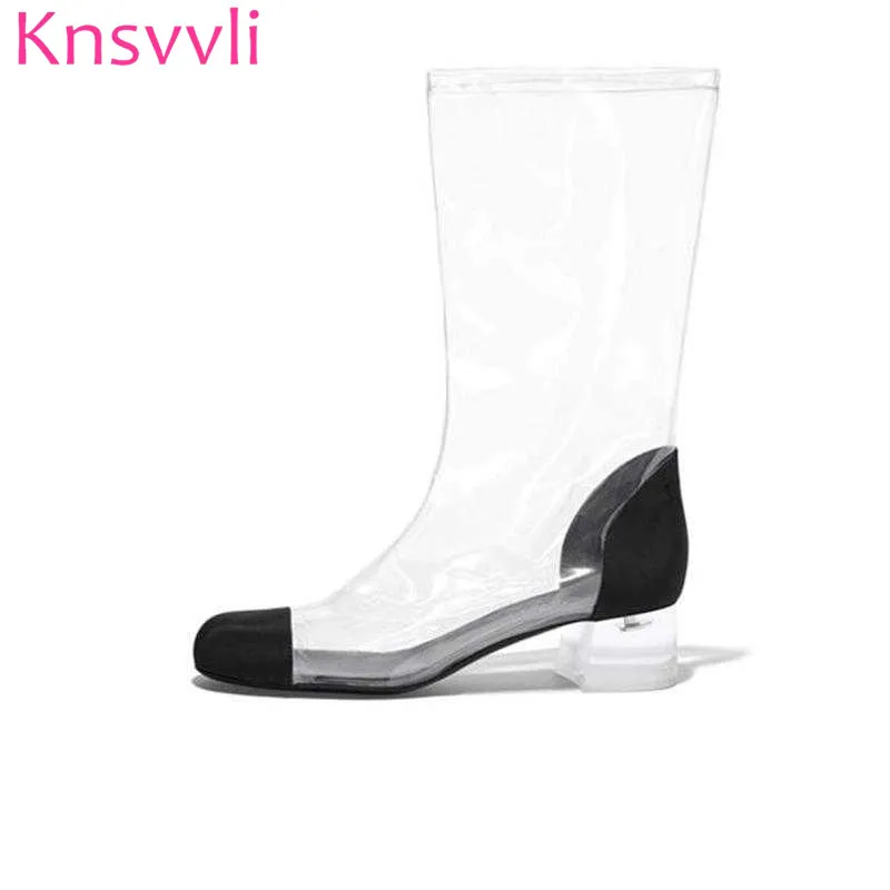 

Crystal Heel Transparent Low-Heel Short Boots Women Cowhide Round Toe Knee High Boots And Thigh High Boots Woman Big Size Shoes