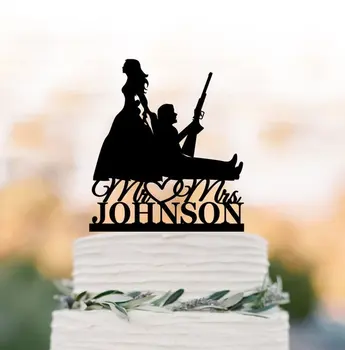 

Hunter wedding Cake Topper, Bride pulling groom silhouette, Bride Dragging Groom, funny Cake Topper personalized name mr and mrs
