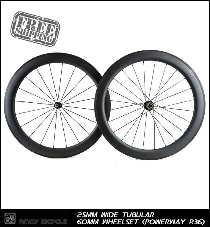 Image Free shipping 700C 25mm wide 60mm V brake glossy or matte Tubular carbon wheelsets with R36 carbon hub road bicycle wheels