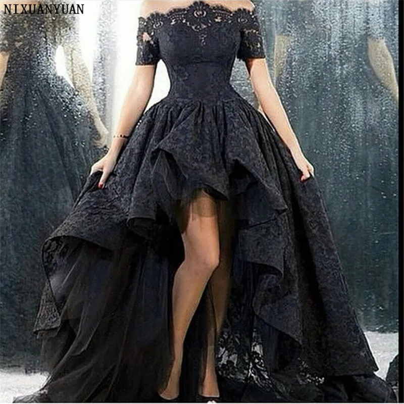 Свадебное платье Короткое переднее длинное сзади без бретелек A-Line Черное, длина до пола кружевное свадебное платье