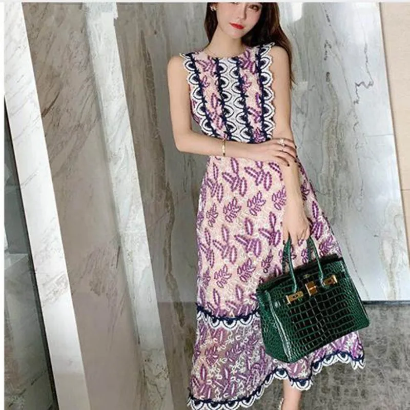 

YiLin Kay High-end custom summer Mesh embroidery Lace Dress 2019 Women sleeveless lace Patchwork Dress Vestidos