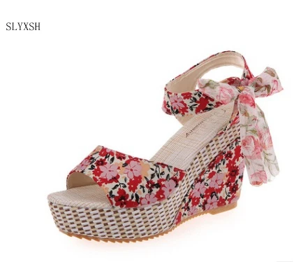 

Fashion Women Sandals Summer Wedges Women's Sandals Platform Lace Belt Bow Flip Flops open toe high-heeled Women shoes Female