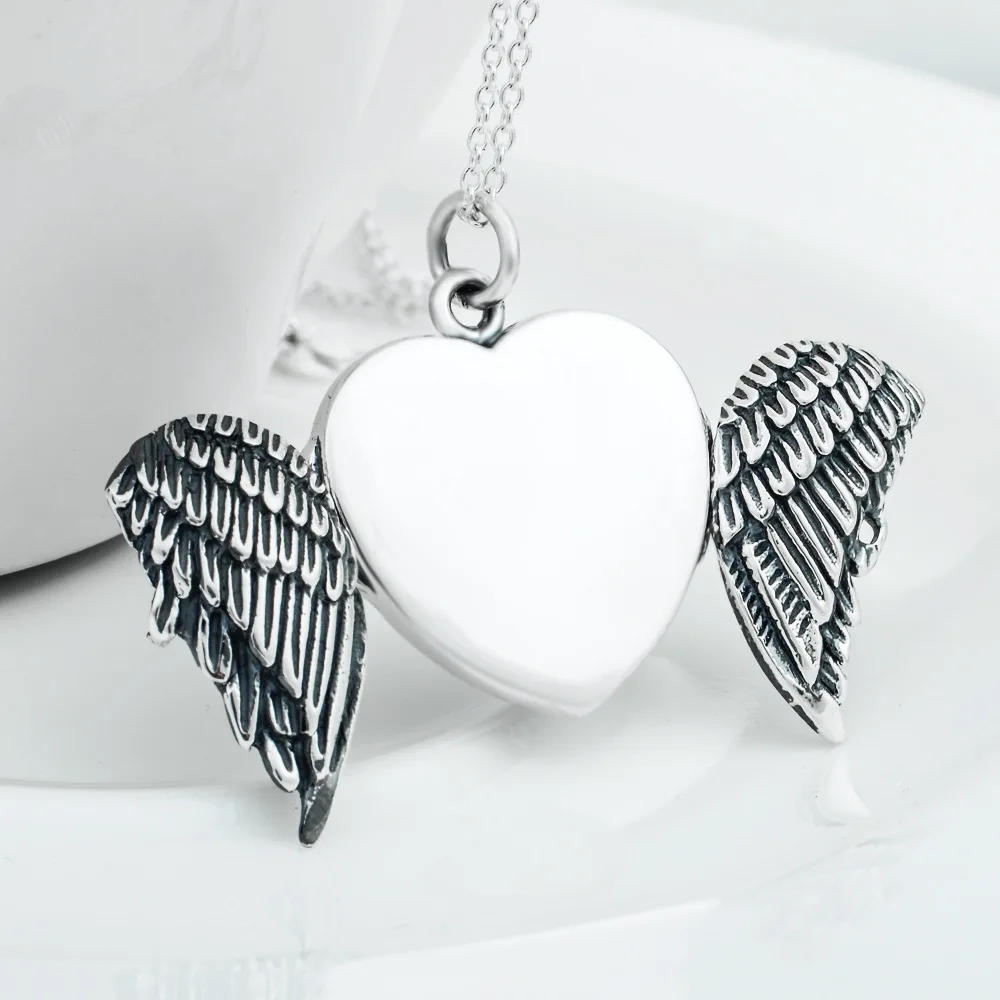 

Angel Wings Phote Locket Heart Necklace Real Silver 925 Blank Pendant Necklaces Memorial Gifts Jewelry Women Wife Anniversary