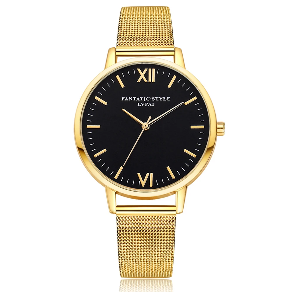 Fashion Stainless Steel Gold Mesh Band Watch Women Big black dial Casual Wristwatch Luxury