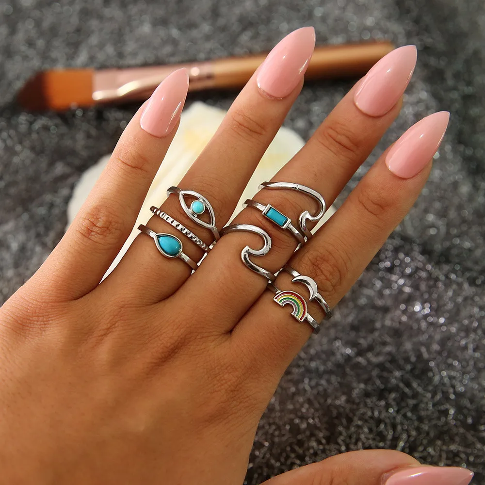 

8pcs/set Bohemia Vintage Silver Rings Sets for Women Alloy Rainbow Waves Eyes Midi Finger Knuckle Rings Jewelry Anillos Mujer