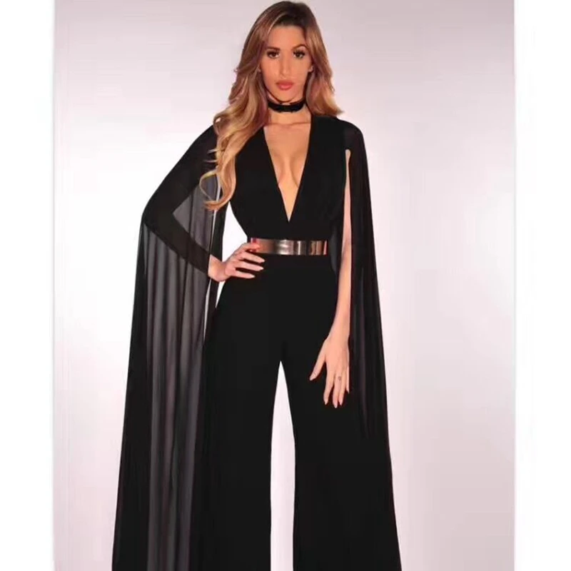 

2019 fashion luxury mesh long leeve deep v neck bandage jumpsuit elegant vestidos sexy black blue chic summer female jumpsuits