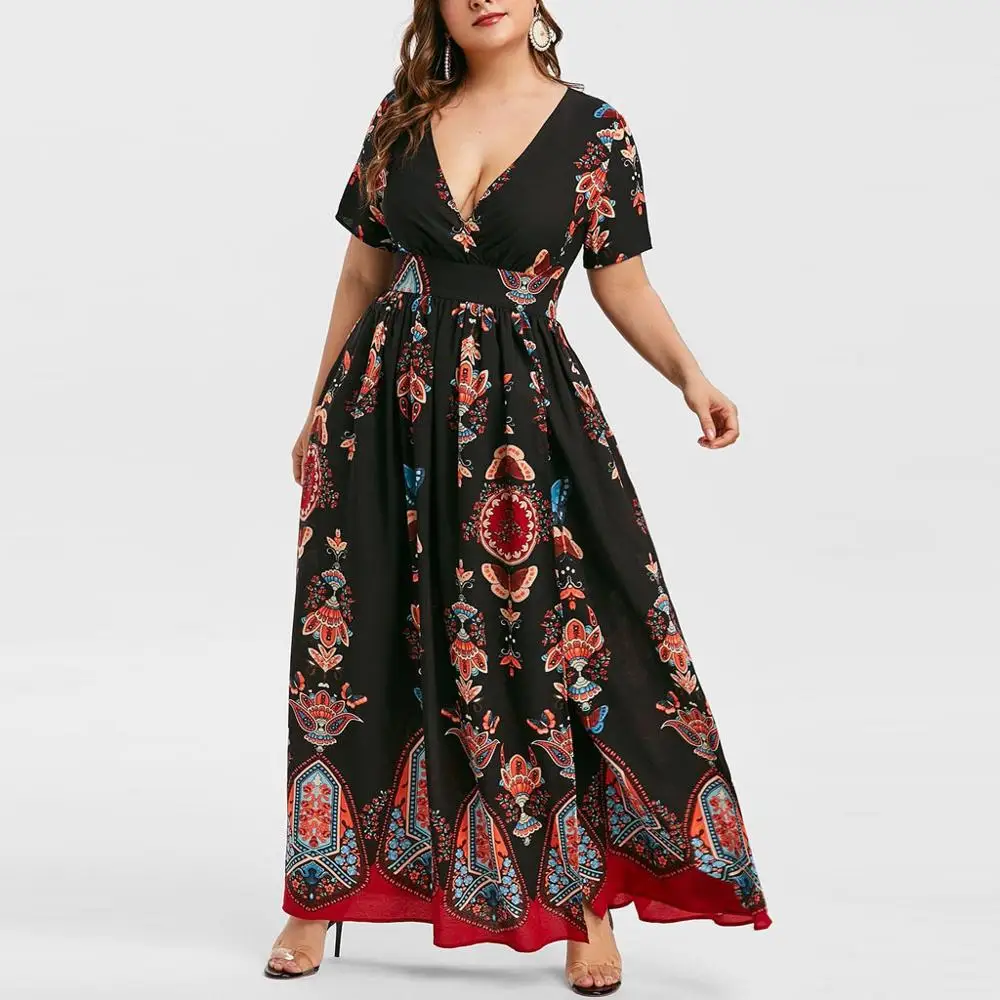 

Jurken Female Summer Women Butterfly Print Short Sleeve Deep V-Neck Side Slit Elegant Prom Loose Maxi Dress Vestidos Plus Size C