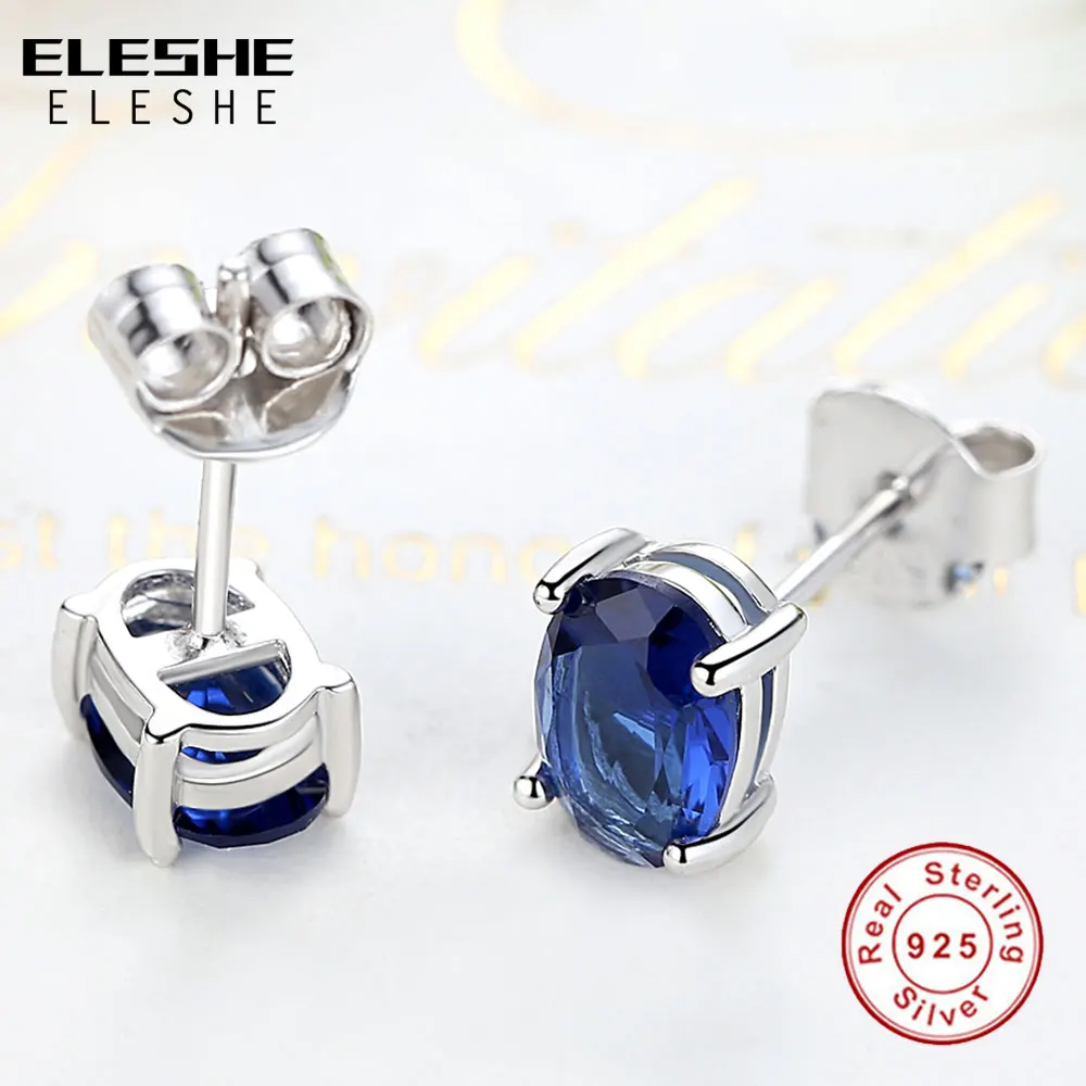 ELESHE 2019 New Fashion 100% 925 Sterling Silver Stud Earrings with Blue Austrian Crystal Earrings for Women Wedding Jewelry