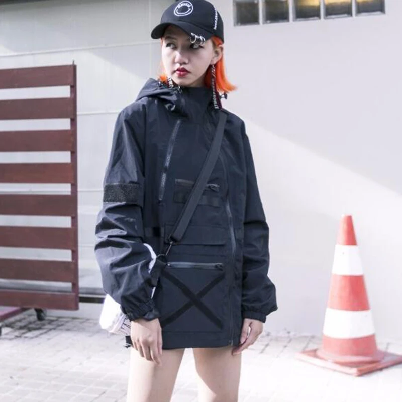 Осенняя черная с капюшоном BF HARAJUKU женская Свободная куртка уличная Базовая куртка для женщин Повседневная ветровка на молнии куртка