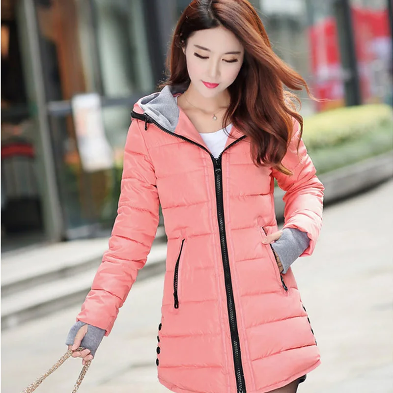 Женское зимнее теплое пальто с капюшоном приталенного размера плюс яркие цвета с хлопковой подкладкой Базовая Женская куртка средней длины jaqueta feminina - Цвет: Pink