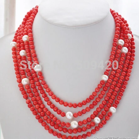 

W&O655 >6mm round red coral 10mm round white freshwater pearl necklace 100inch