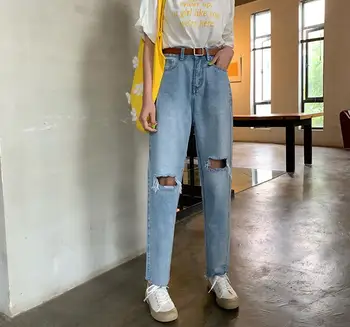 

Retro washed hole simple straight high waist denim trousers
