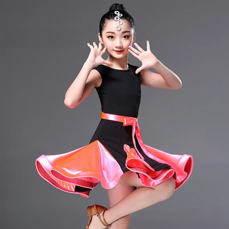 

Girls Latin Dancing Dress Children's Latin Dance Suit Students Summer Dancing Compitition Costumes Short Sleeve O Neck D-0267