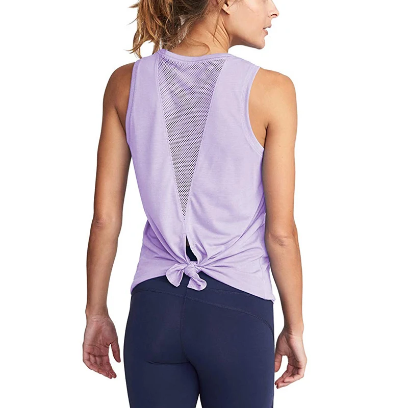Женская сексуальная летняя спортивная майка для йоги, топ, майка с открытой спиной, Спортивная однотонная кружевная майка для йоги, спортивная одежда для бега, быстросохнущая одежда - Цвет: Light  Purple