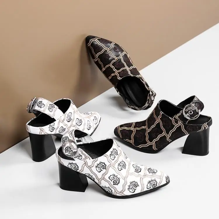 

Chic Embroider Floral White Black Leather Women High Heels Shoes Pointed Toe Back Strap Slingbacks Designers Ladies Shoes Runway