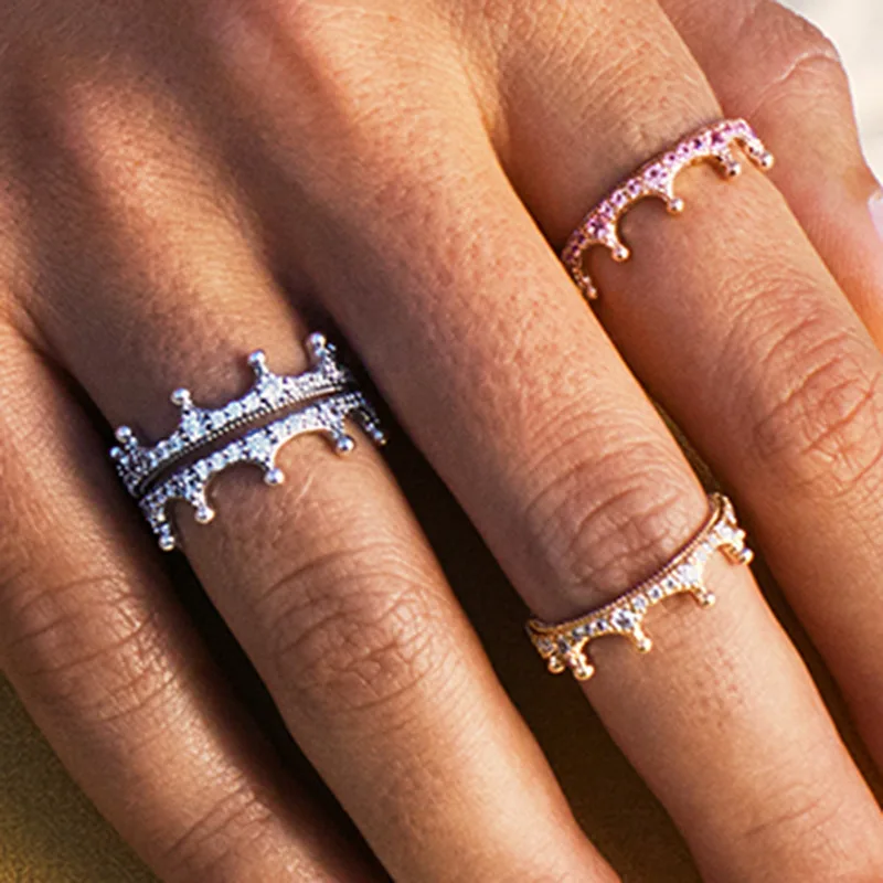 Новое модное розовое золото Серебряное кольцо Милая корона кольца Романтика винтажные прозрачные CZ ShineBrand кольца для женщин ювелирные изделия