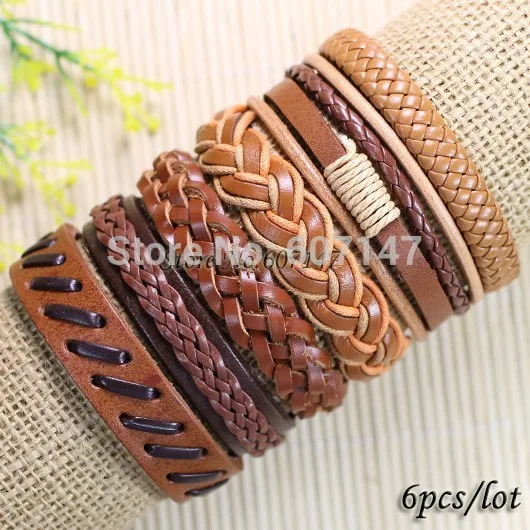 

Wholesale Bangle (6pcs/lot) Hot Jewelry Vintage Braided Genuine Leather Bracelet Multilayer Rope Bracelets Wrap Bracelets -S15