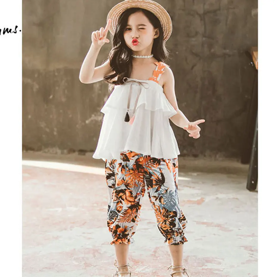 

Summer Clothes For Girls Solid Vest + Floral Pants 2PCS Costumes For Girls Teenage Kids Girls Clothes Set 6 8 10 12 13 14 Year