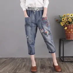 Летние винтажные женские джинсы больших размеров XXXL на шнуровке с вышивкой, джинсы для мам, легкие джинсовые брюки из гарема, джинсы Femme C5571