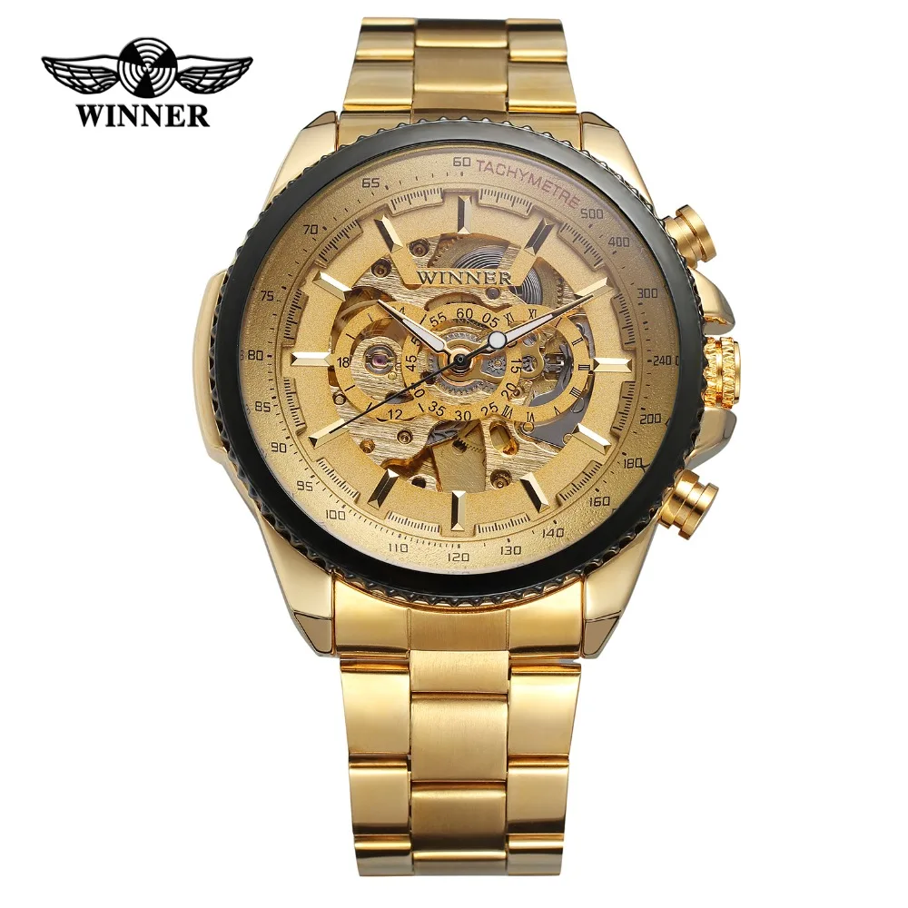 Top Brand Luxury Gold WINNER Men Watch Cool Mechanical Automatic Wristwatch Stainless Steel Band Male Clock Skeleton Roman Dial Mechanical Watch