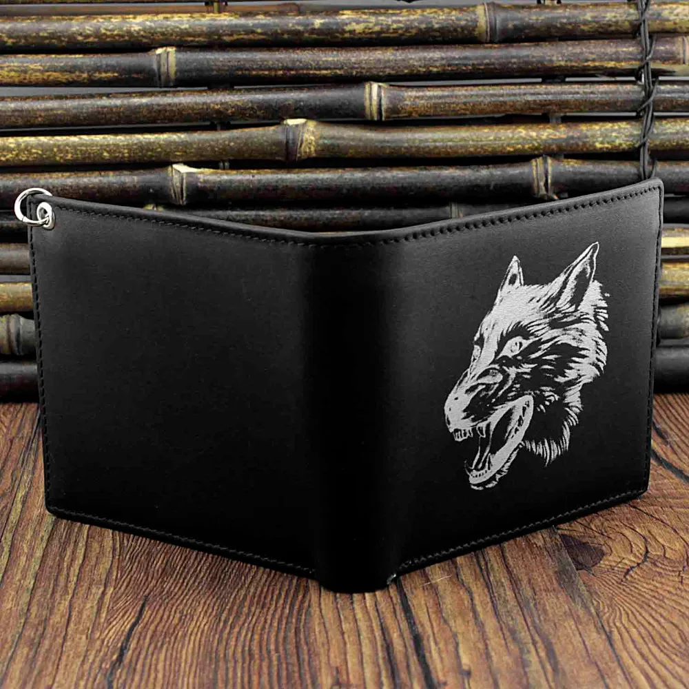 Мужской кожаный кошелек двойного сложения Wolf design черный с длинной цепью в