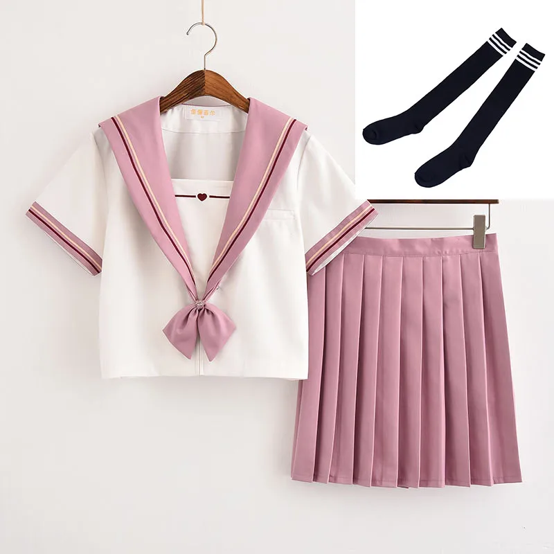Розовая японская школьная униформа моряка Hell Girl модная школьная Униформа моряков синяя японская школьная одежда для девочек - Цвет: Short Set With Socks
